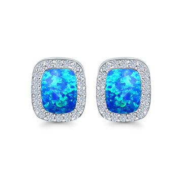 Halo Princess Stud Earrings Lab Created Blue Opal 925 Sterling Silver (14mm)